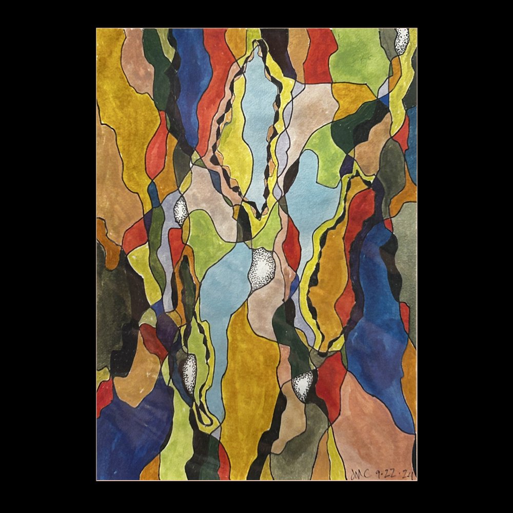 An abstract piece of artwork made with pen and ink line, and fills of colorful watercolor paint. This small painting on paper is vibrant and contemplative.