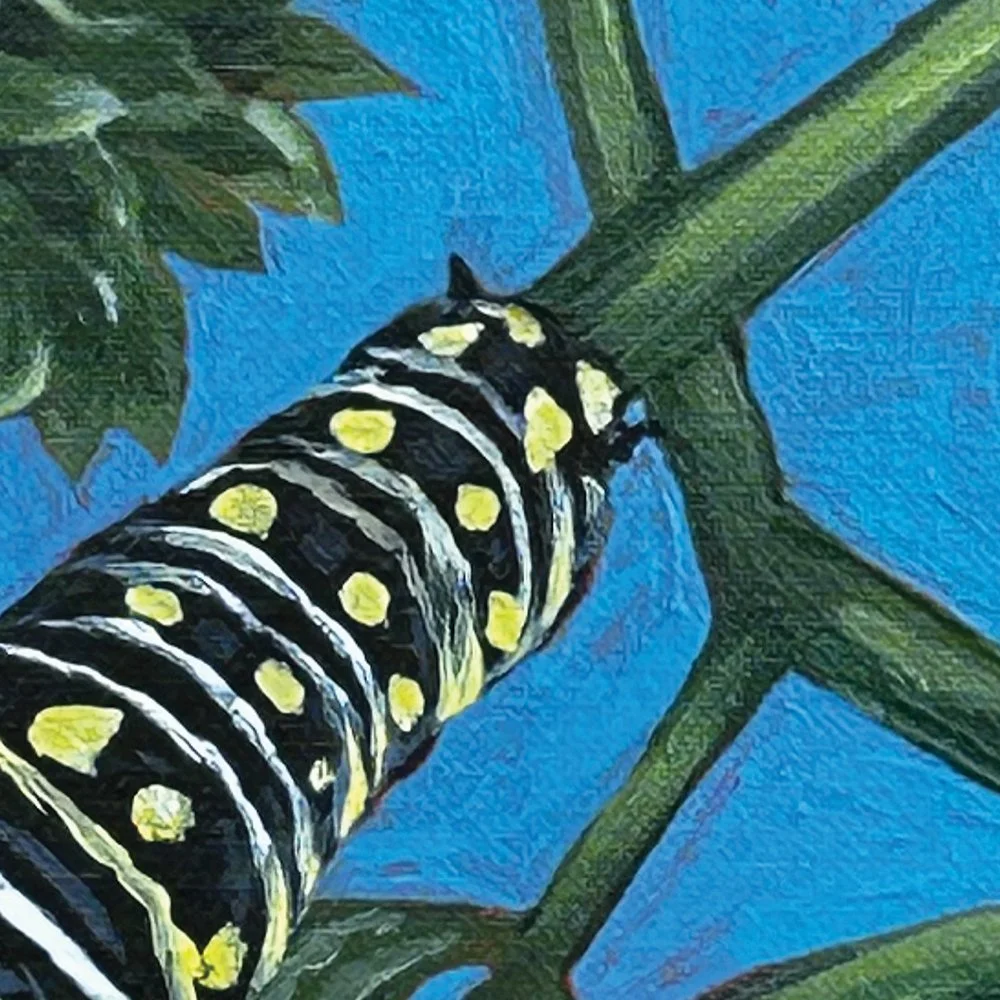 Detail from acrylic art of caterpillars on parsley