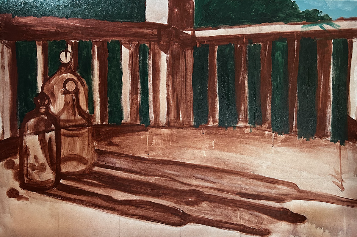 Acrylic underpainting of bottles on an outdoor table. This piece is on a 36" x 24" canvas.