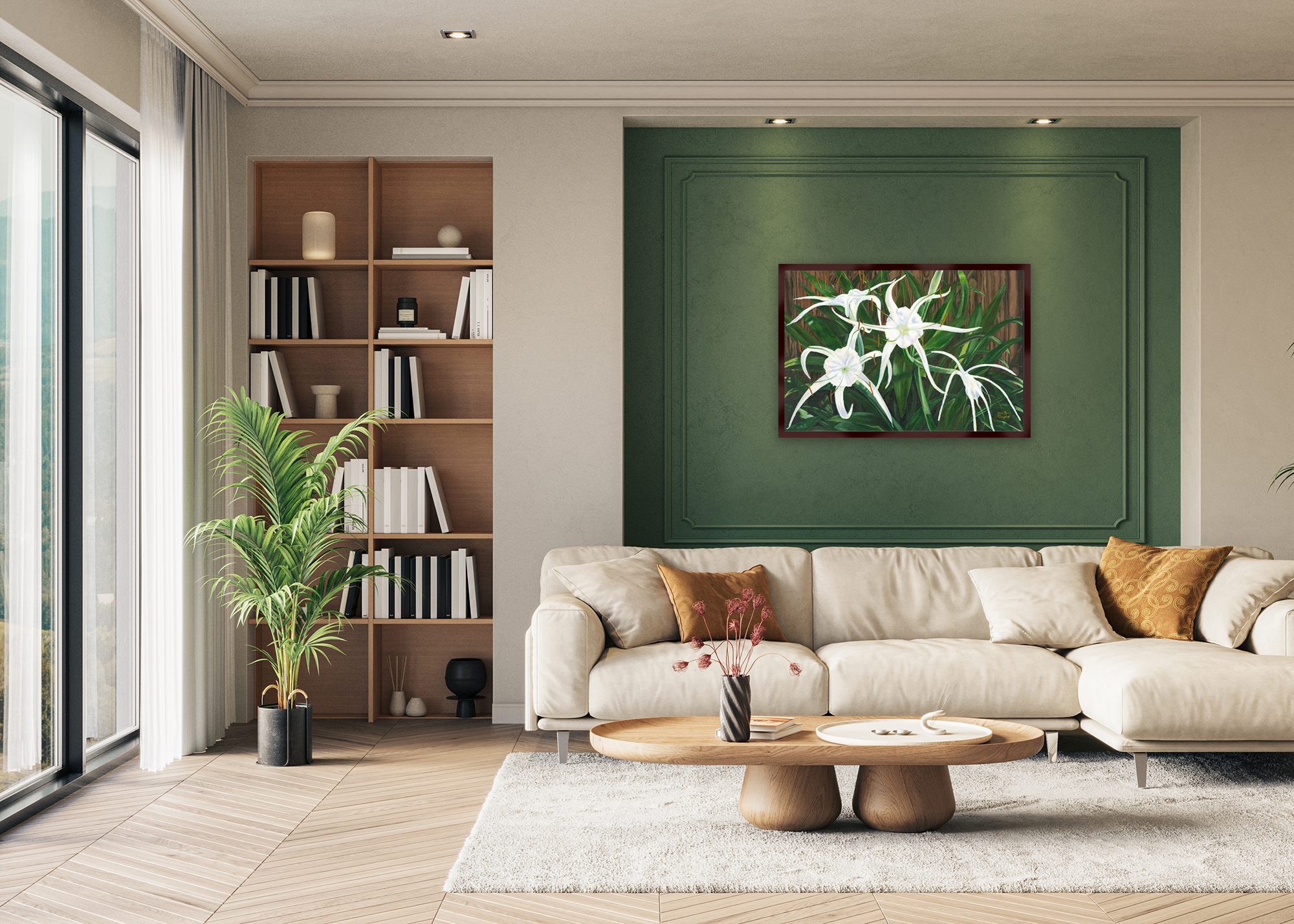 Giclée reproduction of a large acrylic painting of spider lilies amongst the greenery of their blades, before a beautifully textured wooden fence. The lush foliage and dark wooden fence make a lovely backdrop for the white flowers.