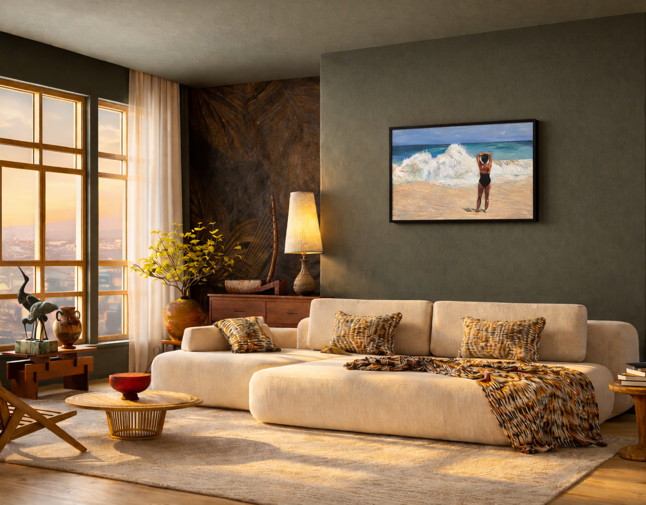 Acrylic painting hangs in an elegant living room of a woman standing before the ocean.