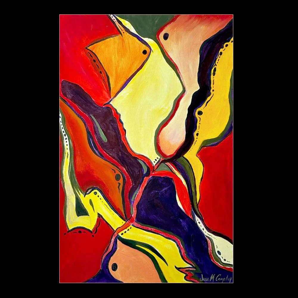 Abstract acrylic painting of bold colors and adornment of dots and lines.