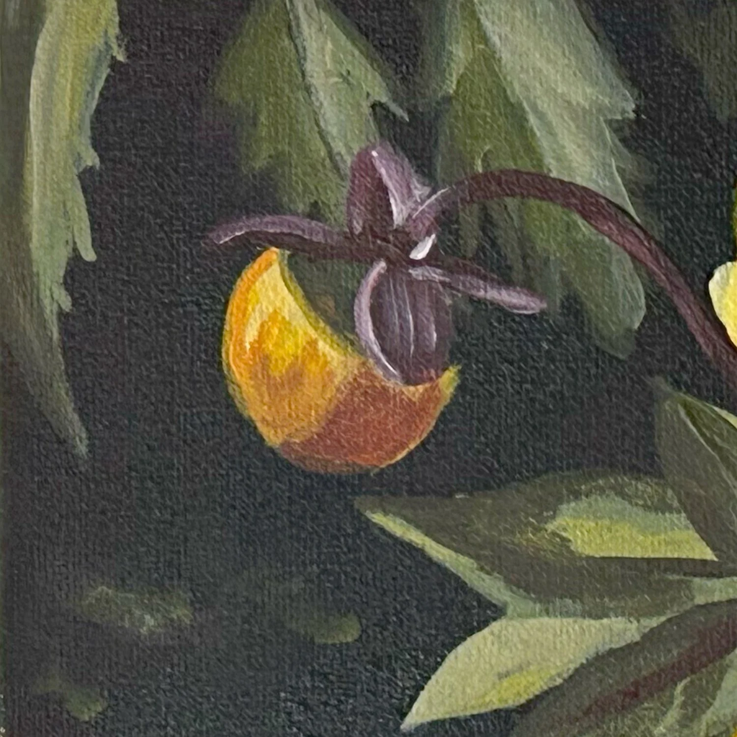 Detail from acrylic painting of bees and dahlias