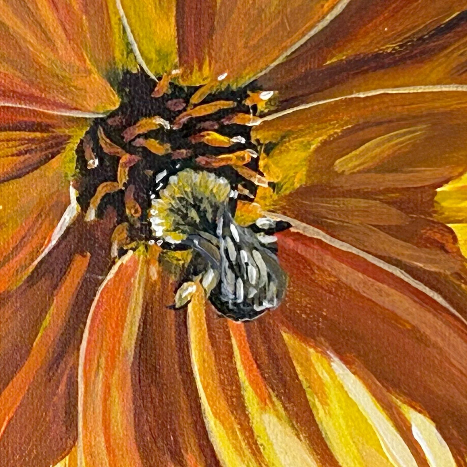 Detail from yellow and green acrylic painting of two bees visiting dahlias