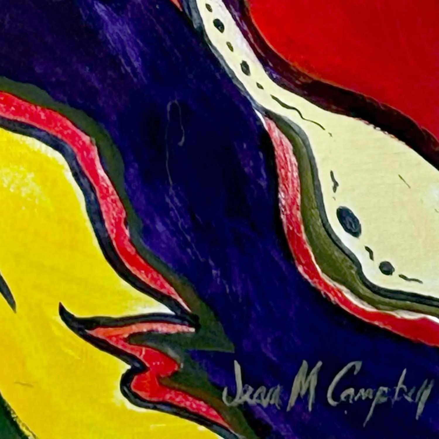 A colorful acrylic abstract painting on cut out canvas cloth