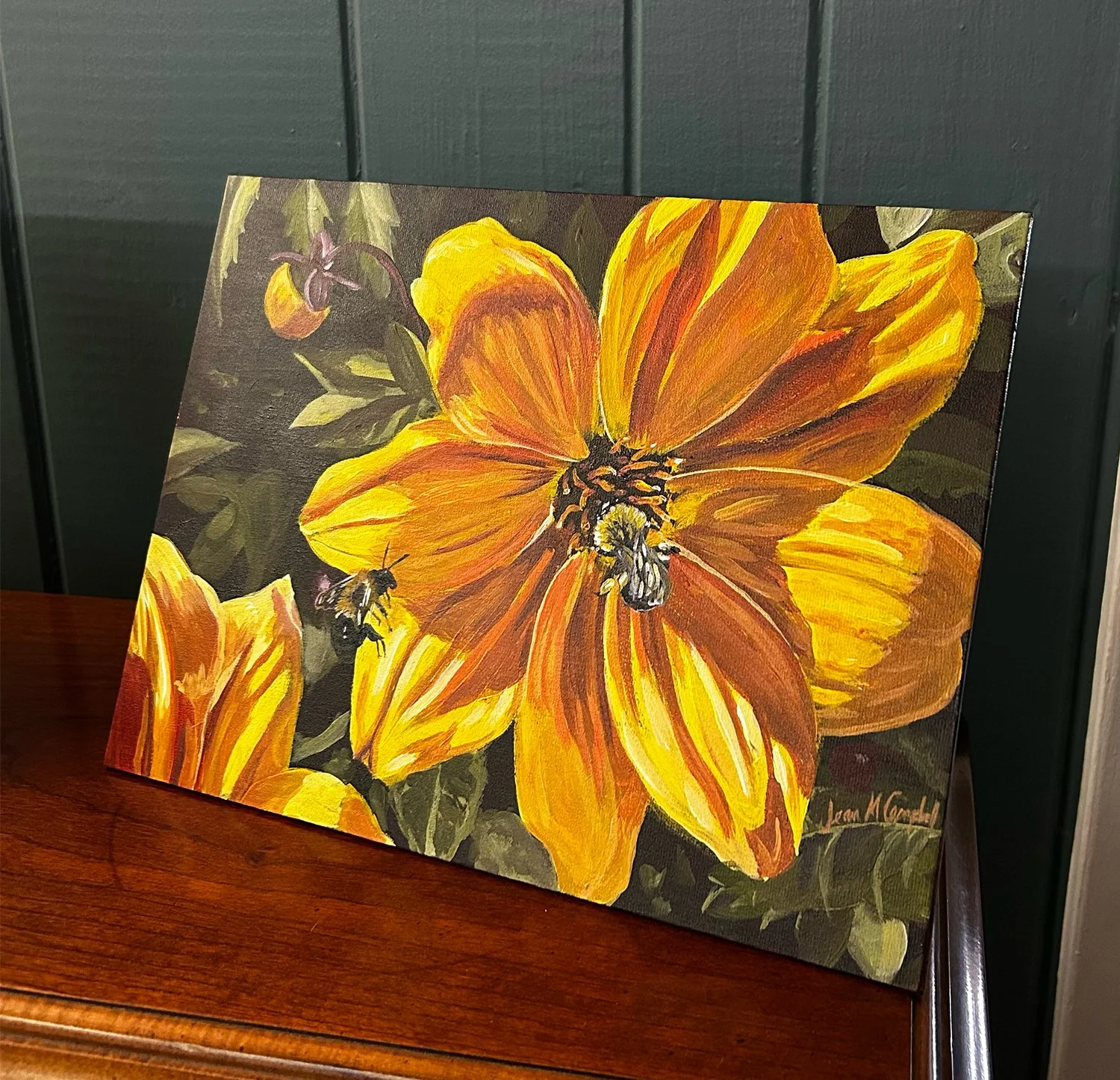 Yellow and green acrylic painting of two bees visiting dahlias