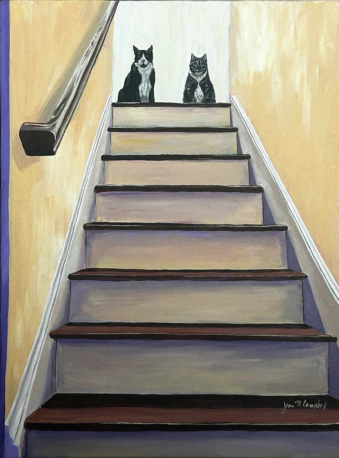 Whimsical acrylic painting of two cats at the top of a staircase watching the ascender.