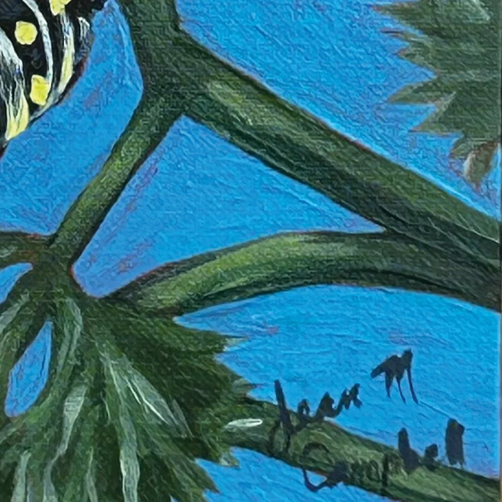 Detail from acrylic art of caterpillars munching on a parsley plant