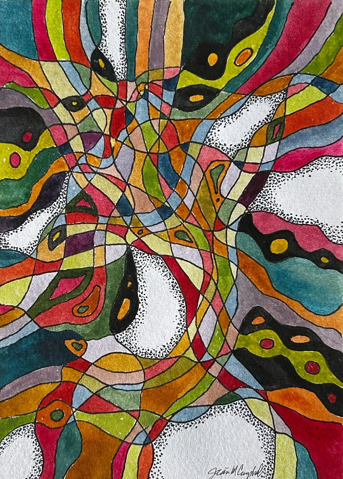 Pen and ink intersecting lines with bold watercolor hues filled into the resulting shapes. A small piece of art on paper that was a valentine for my husband.