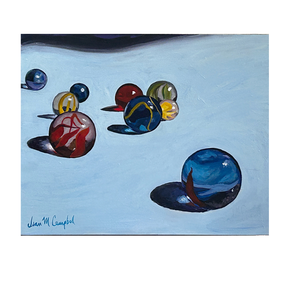 Small acrylic painting of colorful, transparent marbles in bright sunlight on light blue surface for sale.