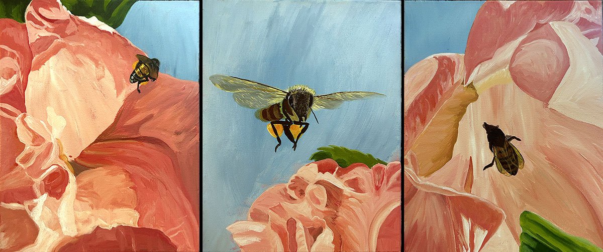 This acrylic triptych features three camellias on three 11" x 14" canvases. The flowers are a peach color, and each is being visited by a bee.