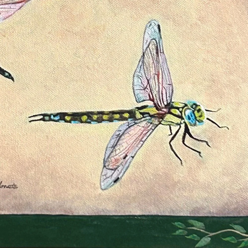 Close-up of a dragonfly and canvas edge on dragonfly art work