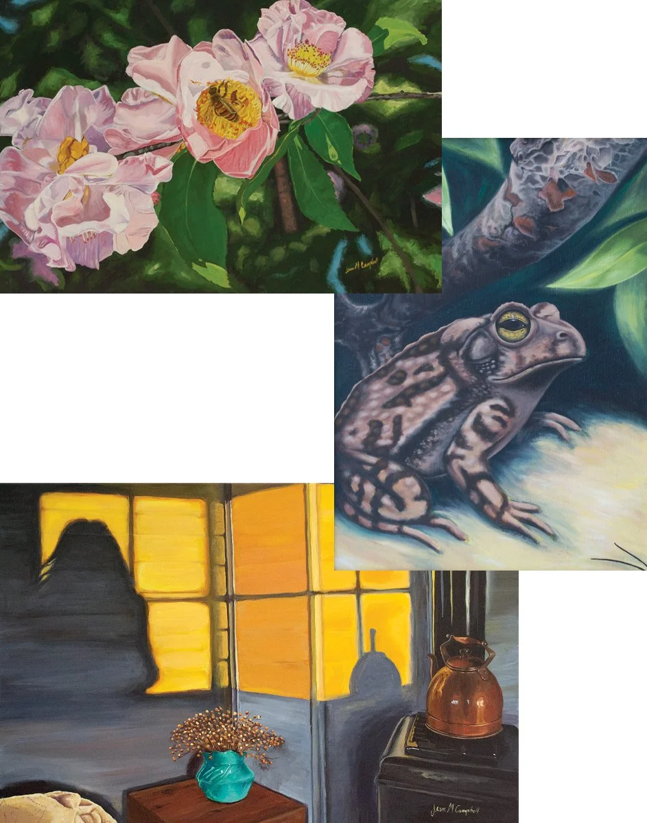 Three paintings, Camellias with Bellingrath VIP, In the Eye of the Beholder, and Gathering Strength
