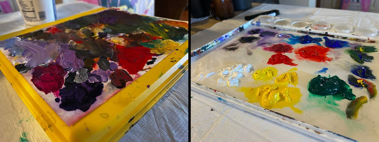 Old palette of use up paint next to freshly mixed palette ready to get started.