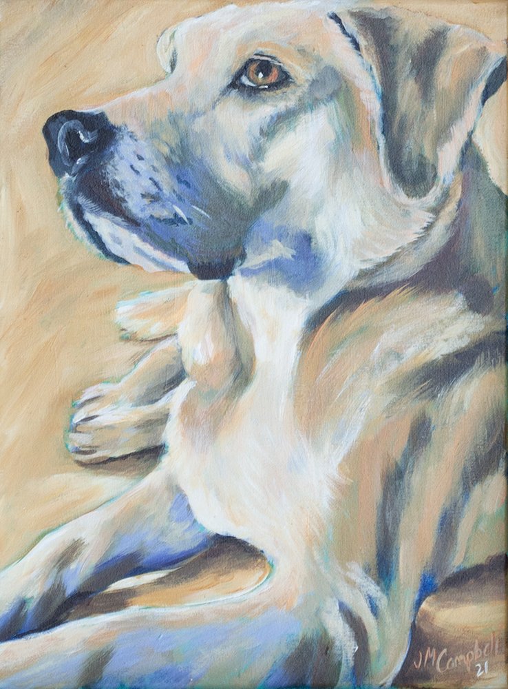 Acrylic painting of a yellow hound dog sitting alert with head up