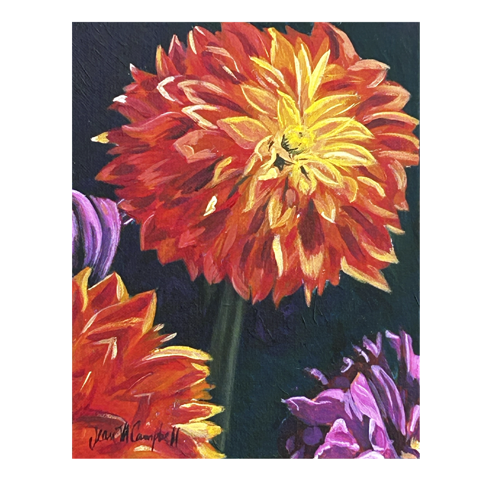 Beautiful sun room art piece for sale of bright dahlias against deep forest green.