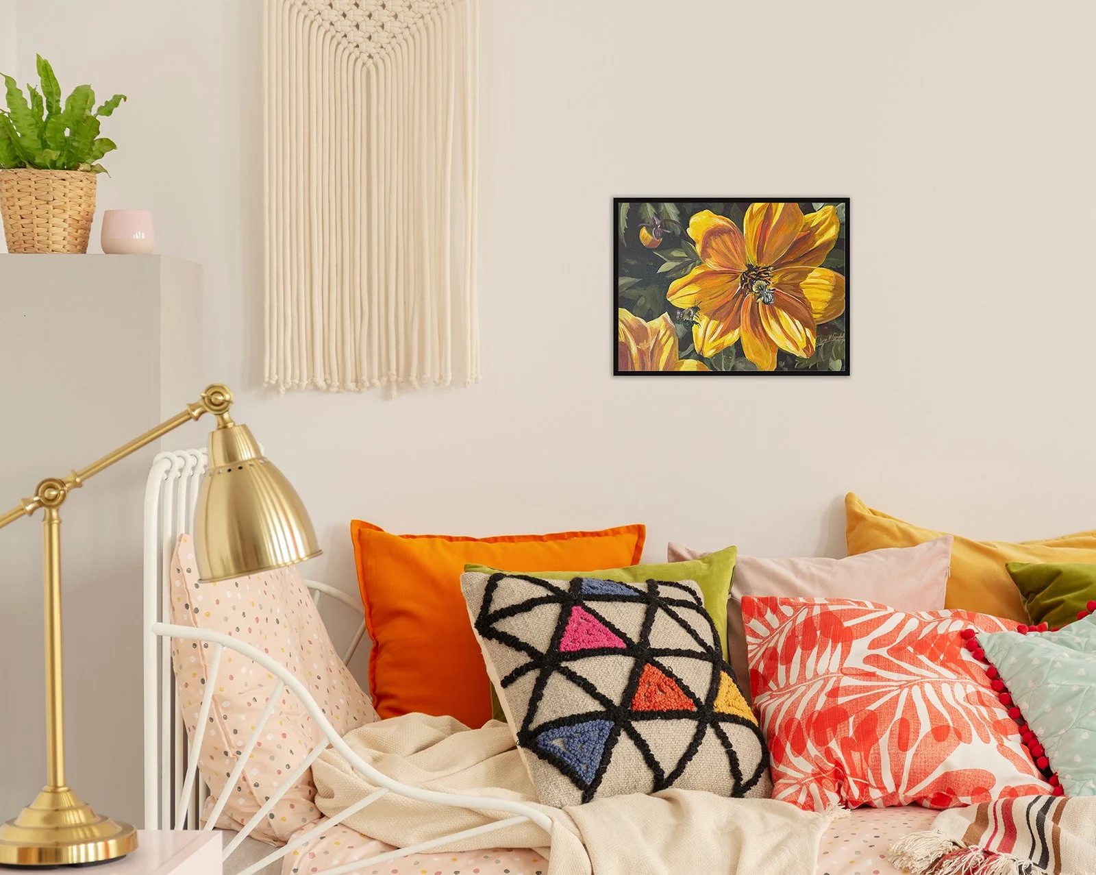 Acrylic painting of yellow dahlias visited by bumble bees on a bright sunny day.