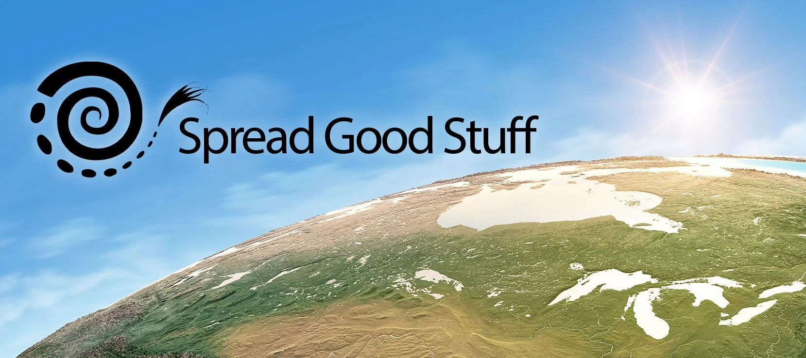 Image of planet earth with Spread Good Stuff logo floating in the blue sky
