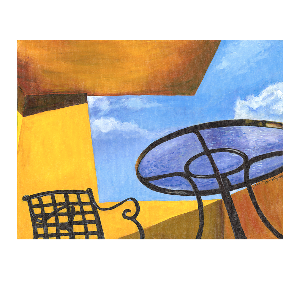 Bright yellow and blue art for sale of stunning sunny scene. Yoga view from yellow sun deck.
