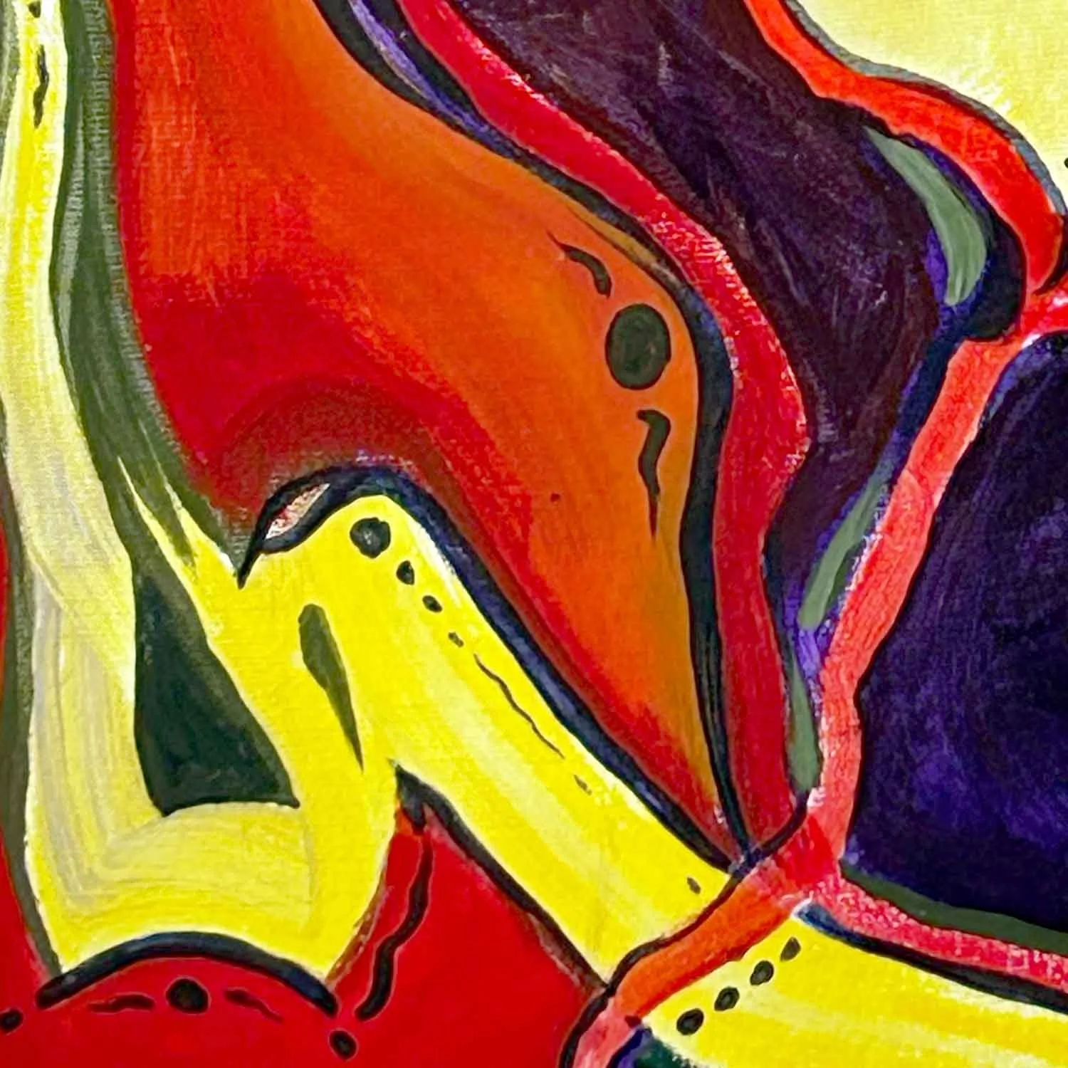 Detail from a colorful acrylic abstract painting on cut out canvas cloth