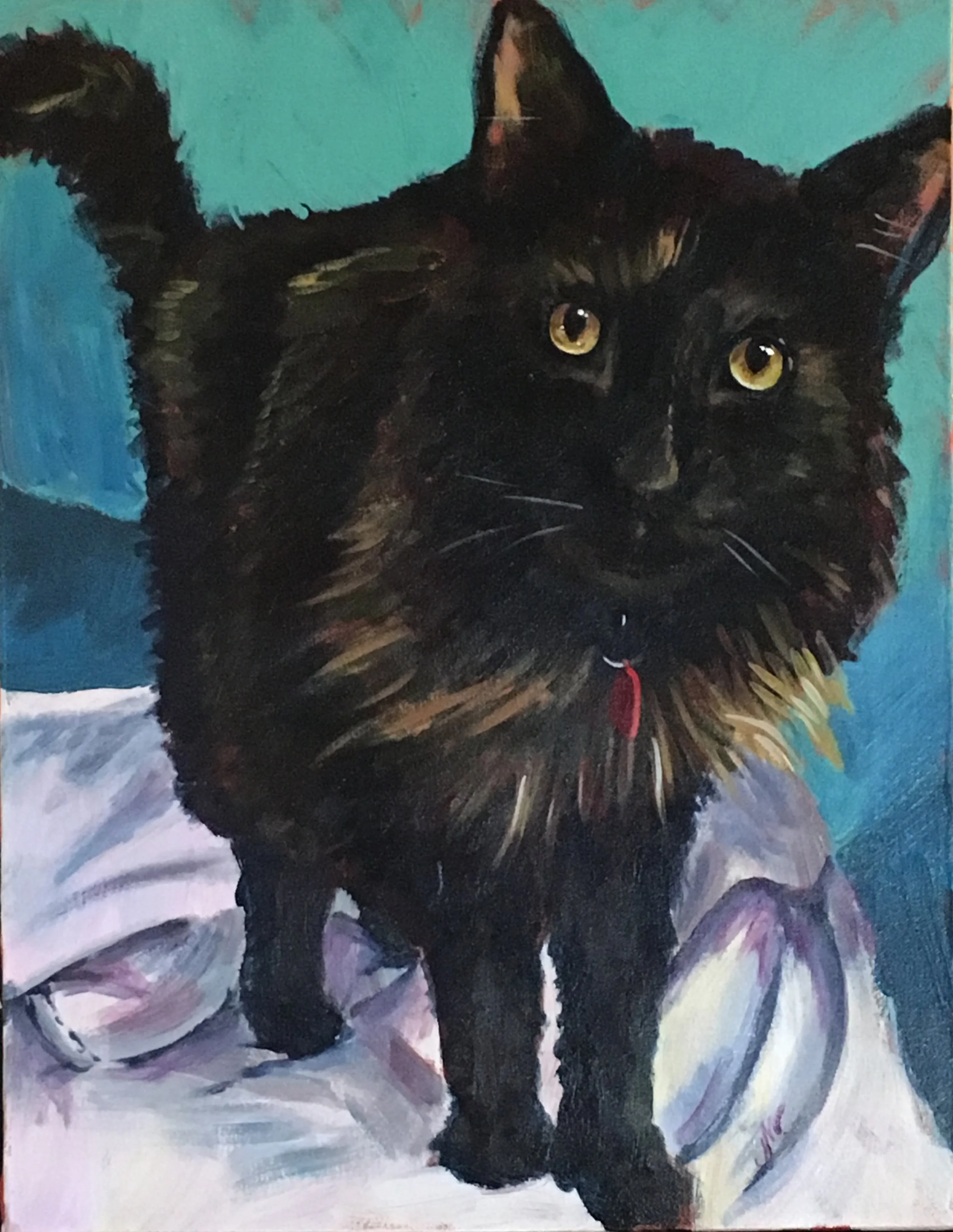 An acrylic painting of a dark cat with golden eyes sits on white fabric with a turquoise wall in the background
