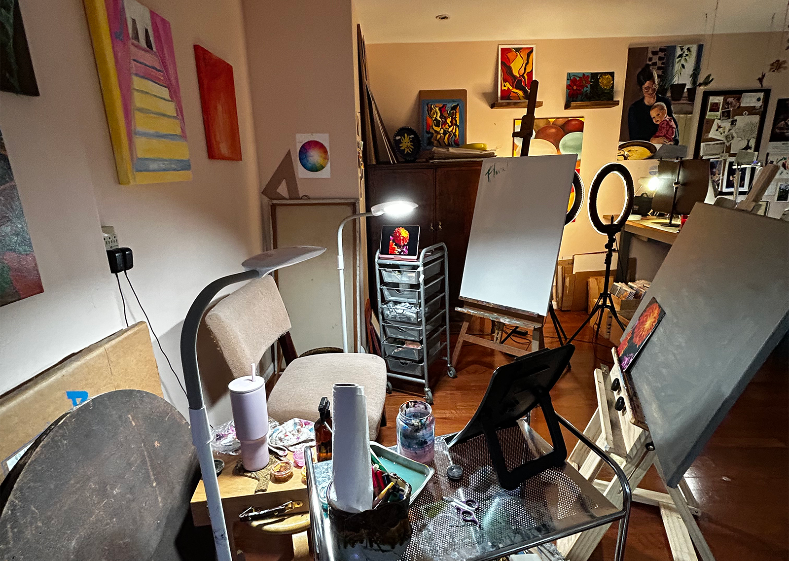 Where jean sits to create her acrylic painting in her studio