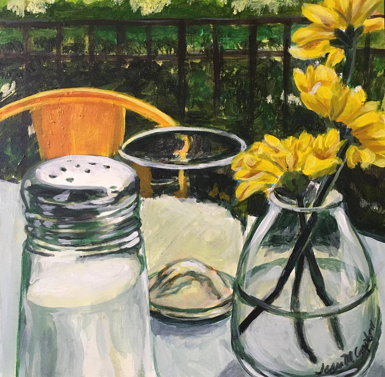 Acrylic painting of a glass vase, tumbler, and salt shaker