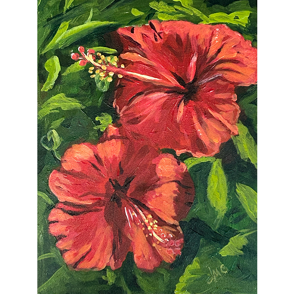Two Red Hibiscus - Acrylic on Gessobord - 6” x 8”