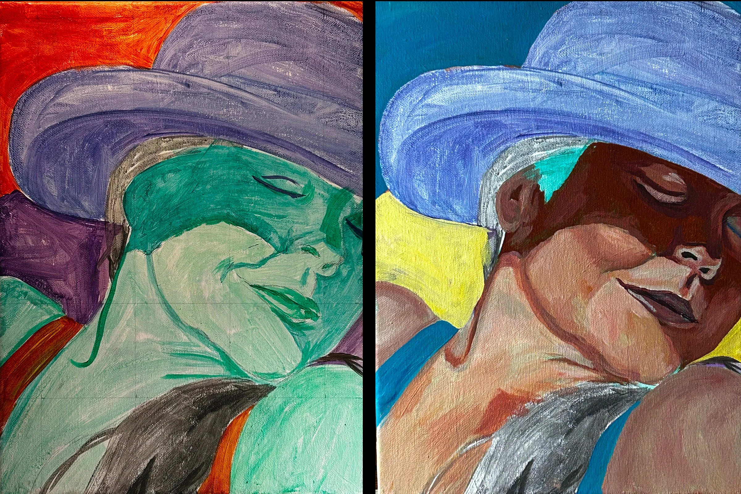 Two images showing the progression of a self-portrait.