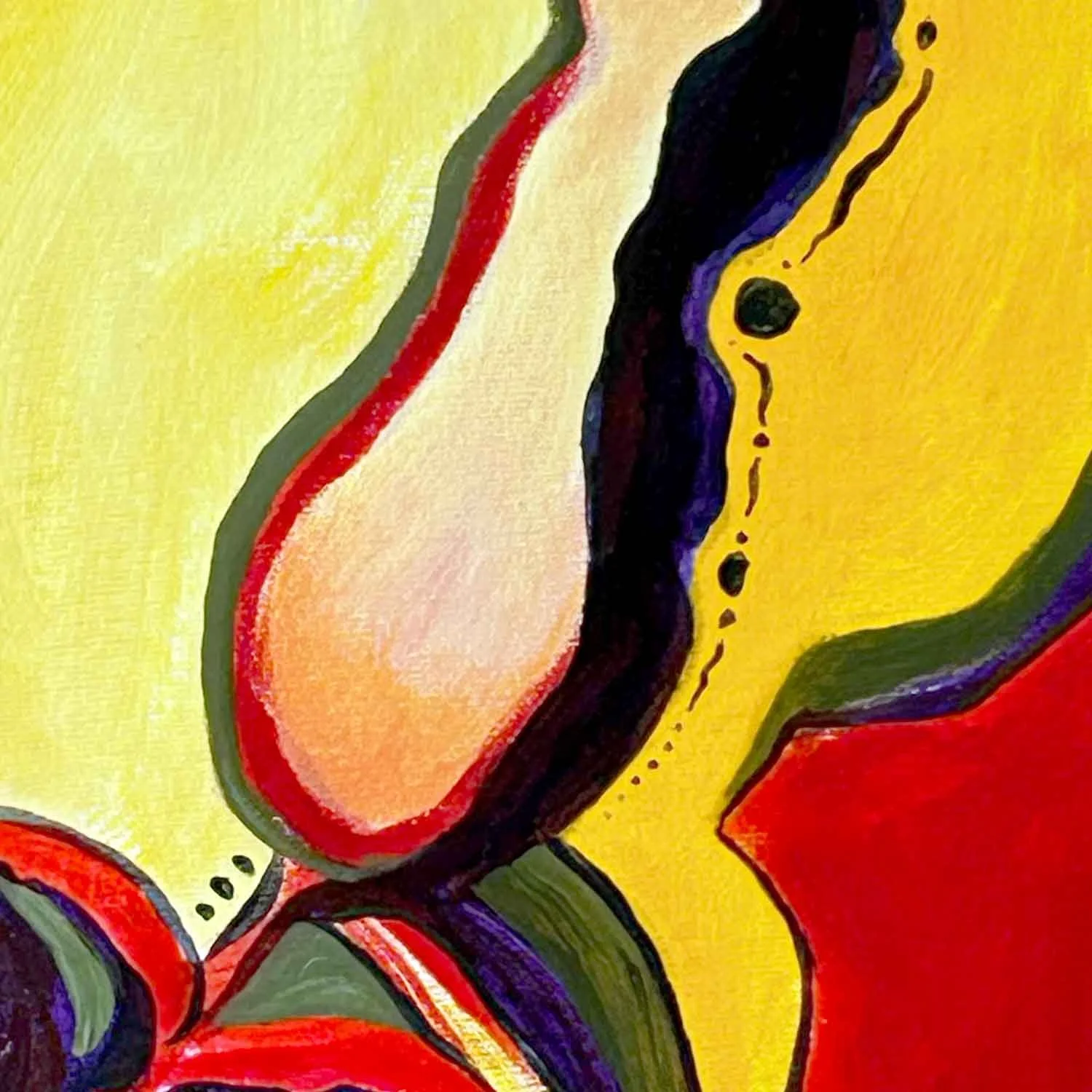 Abstract painting with gold, yellow, red, purple, green and orange.
