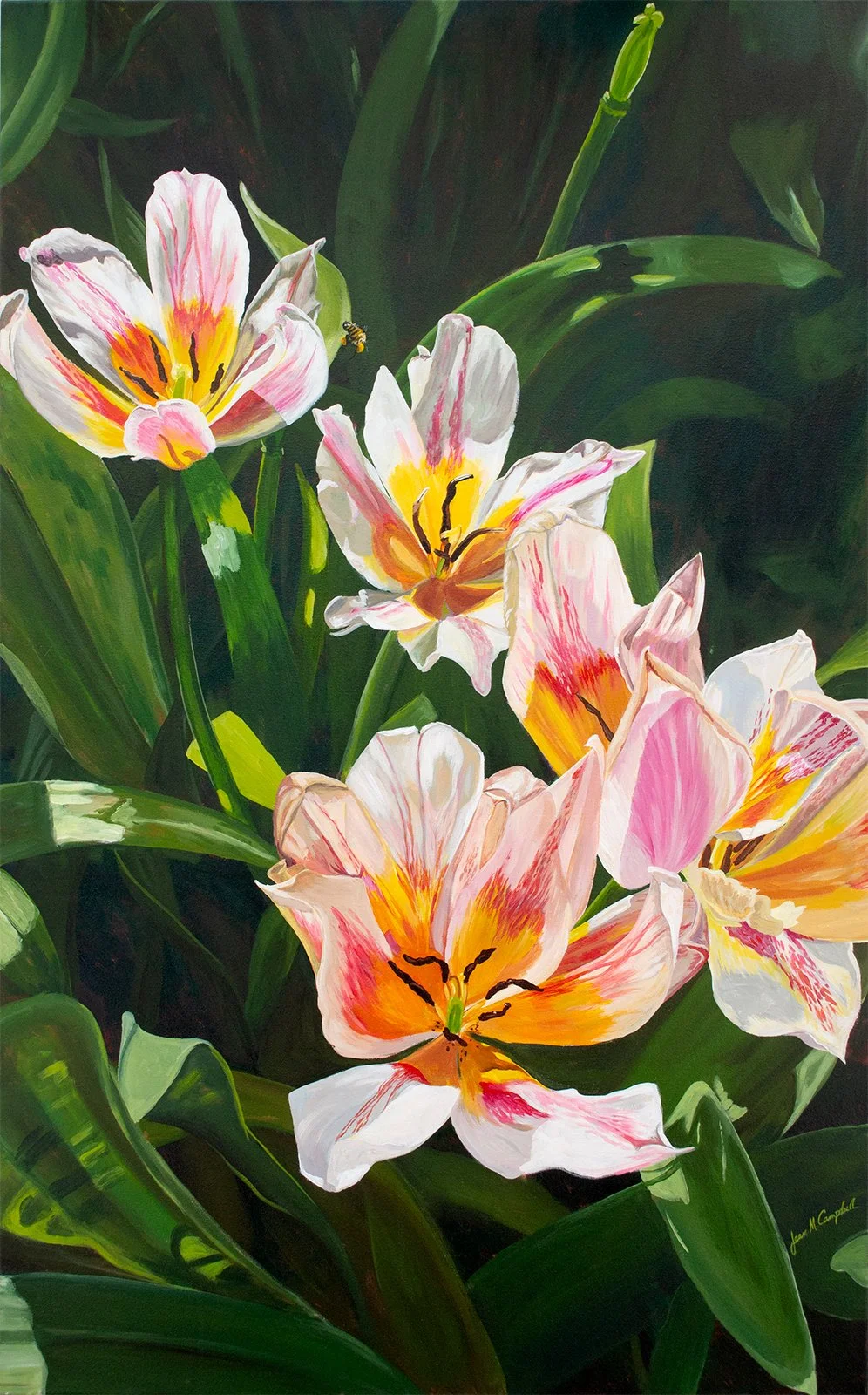 An acrylic painting of colorful tulips against lush greenery, with a visiting honey bee.
