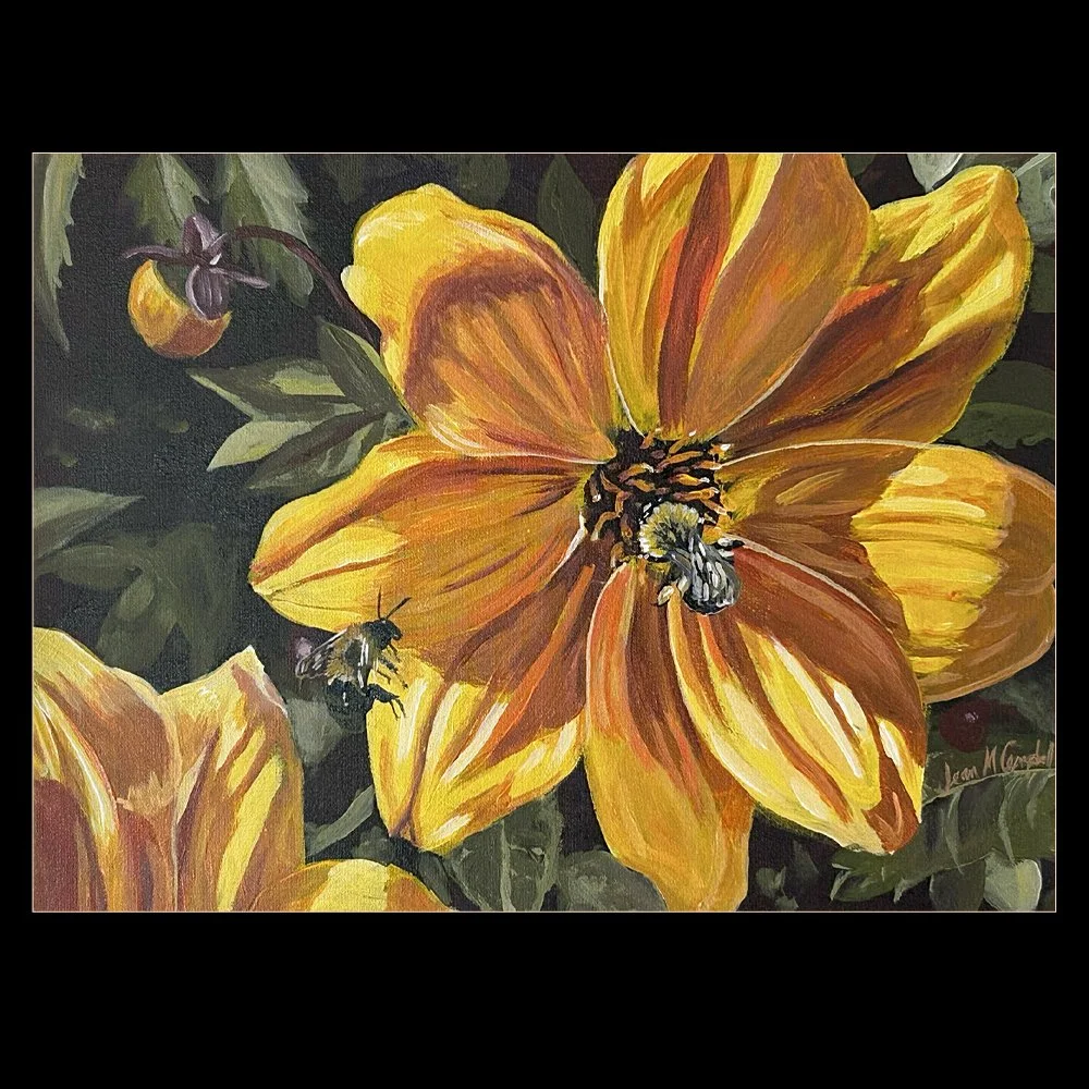 Acrylic painting of two bees on a yellow dahlia