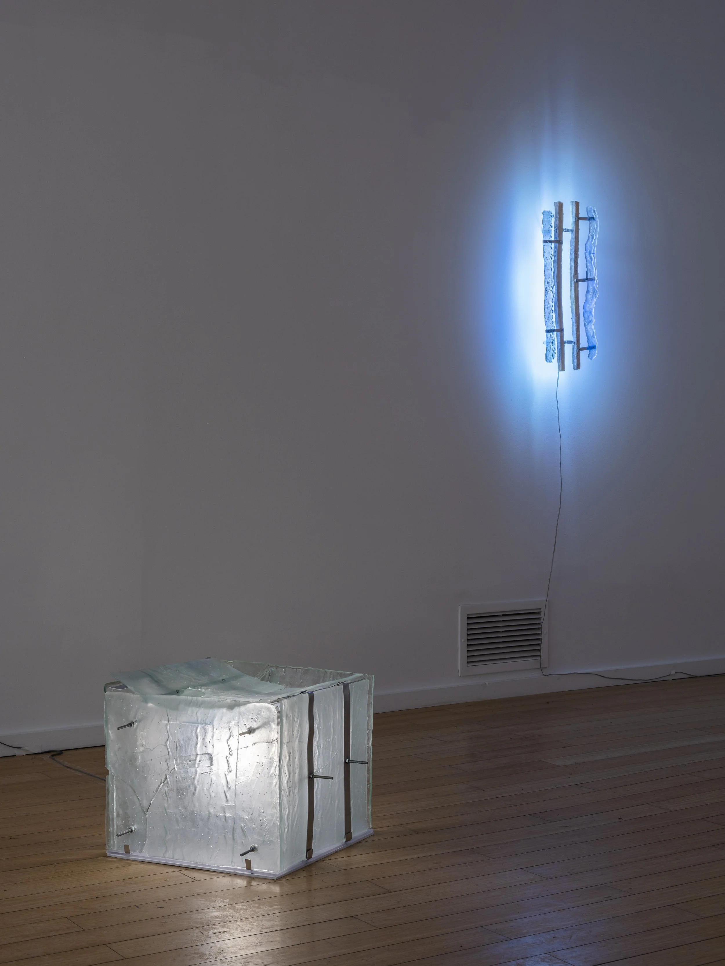 	
Art installation with illuminated glass sculptures and neon lights by artist Lizzie Wright in 2023 at the Catskill Art Space in Livingston Manor, NY.