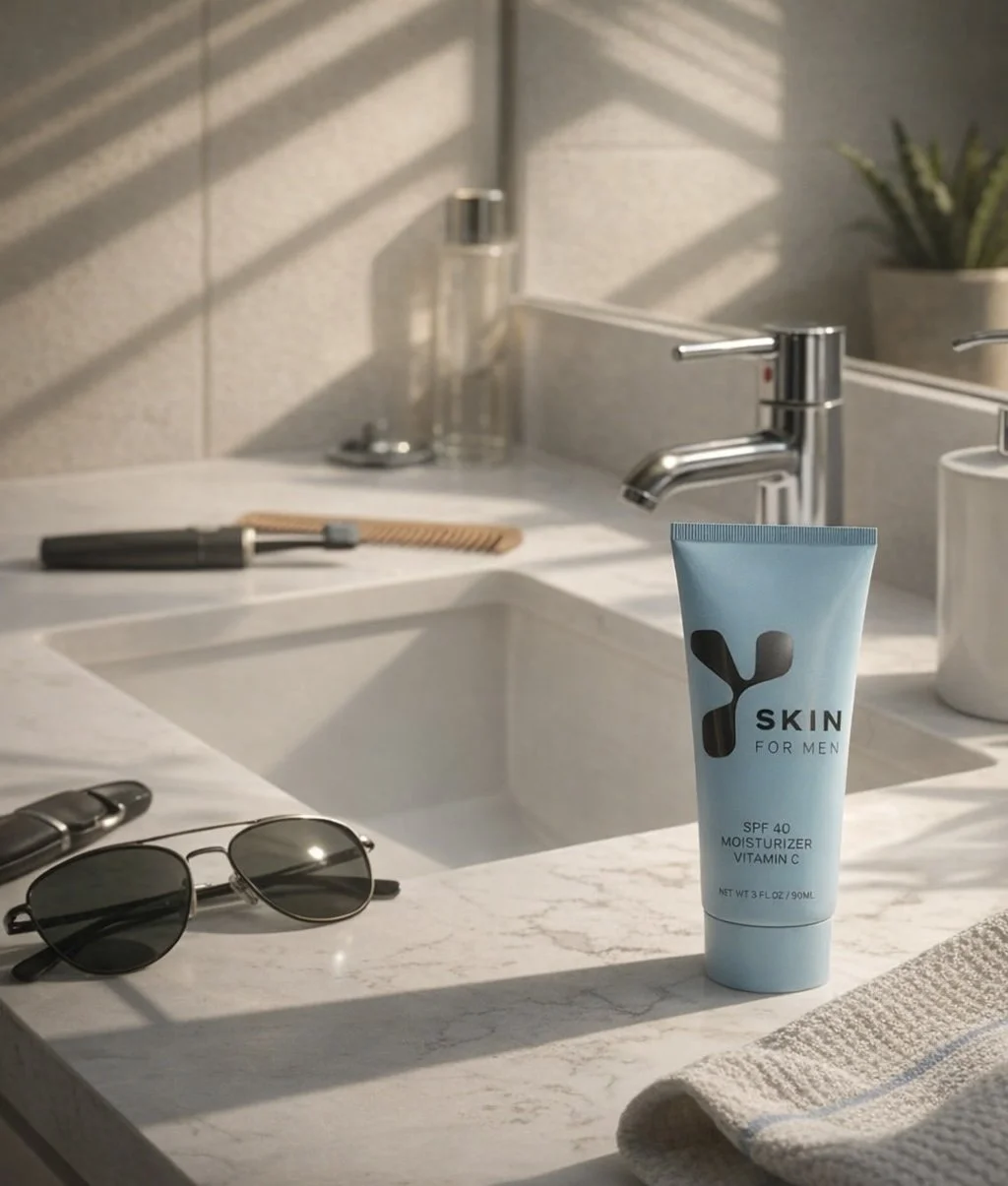 A bathroom countertop with a tube of skin moisturizer labeled 'Y- Skin for Men SPF 40, Vitamin C,' a pair of sunglasses, a wallet, a cloth, a soap dispenser, a small mirror, a toothbrush, and a potted plant in the background. Shadows from window blinds are cast on the wall.