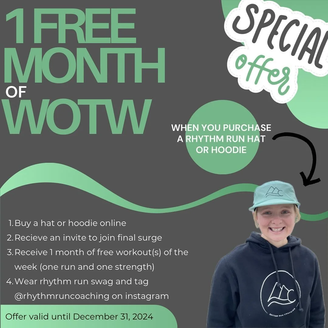 Looking for a little bit of extra motivation as we transition into winter running? Receive 1 month of free WOTW (workout(s) of the week) via Rhythm Run Coaching&rsquo;s Final Surge platform when you purchase a hat or hoodie online!

Head to the SHOP 