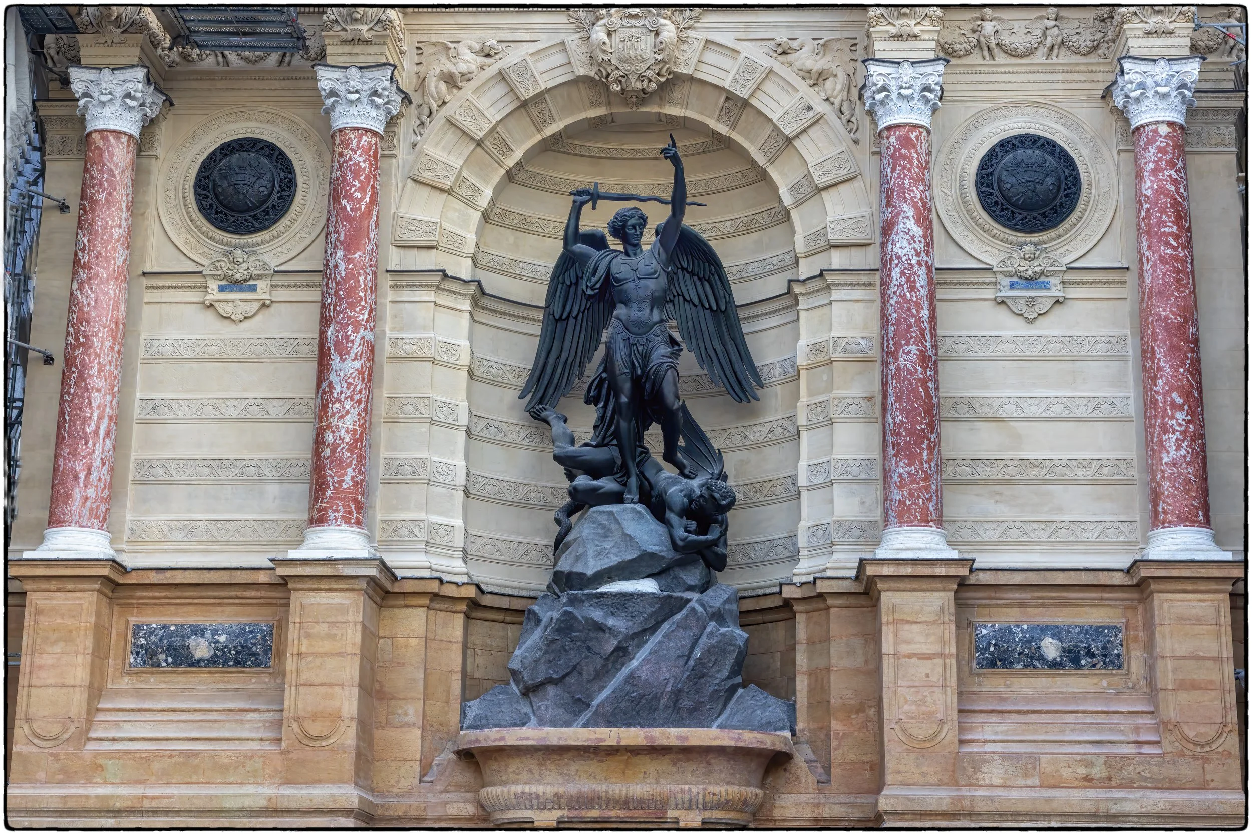 St Michele Fountain, St Michel Blvd, (scafolding actively being taken down after Fountain recently restored), Paris