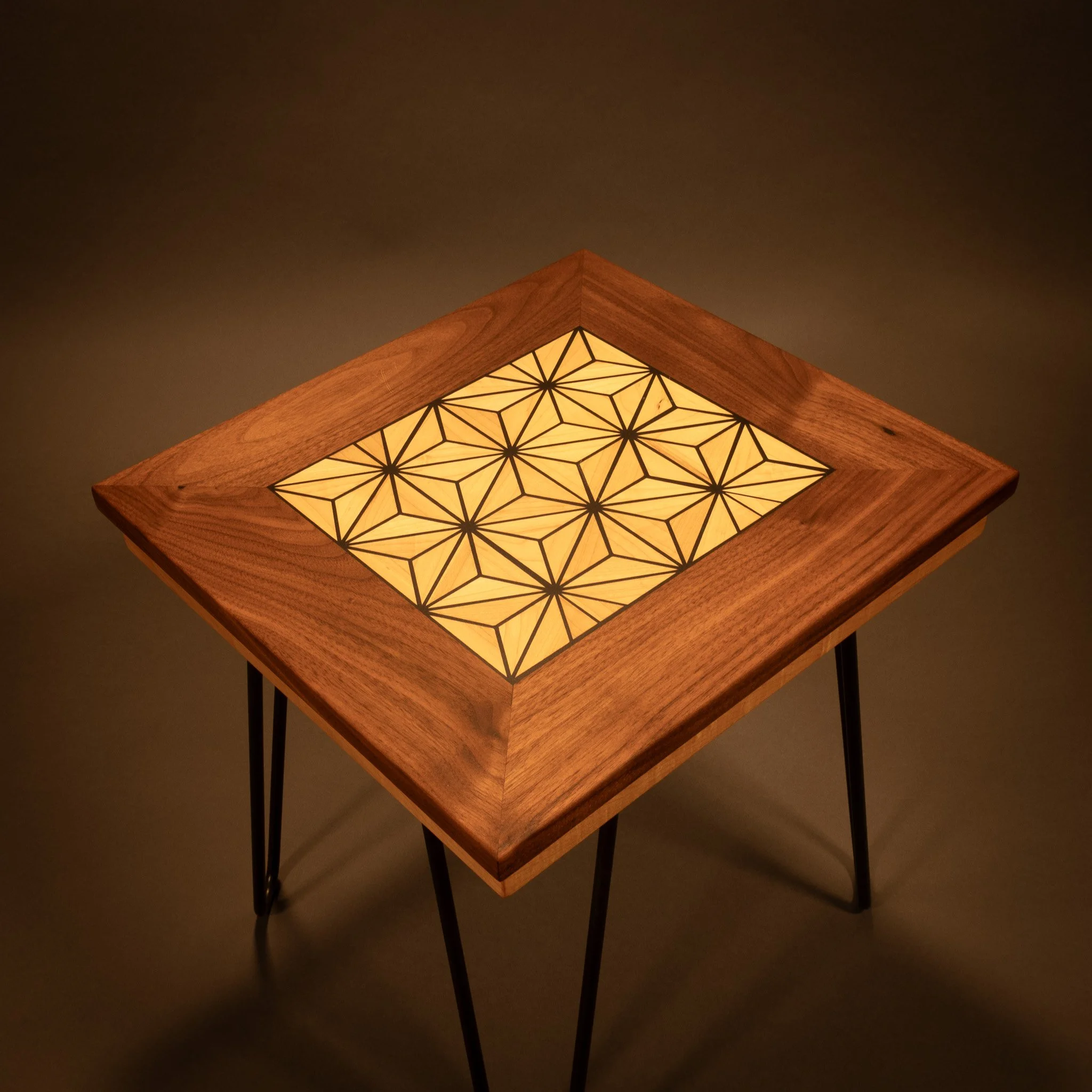 Walnut & Maple Side Table with Asanoha Geometric Inlay — Hairpin Legs