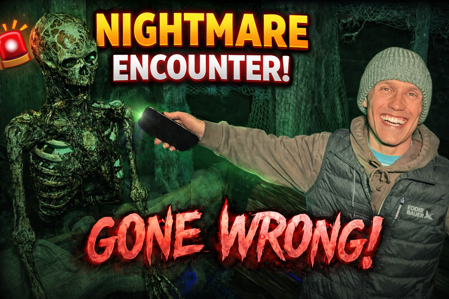 A smiling man holding a remote control antenna towards a mechanical skeleton in a dark, spooky setting with green lighting, captioned 'Nightmare Encounter! Gone Wrong!'