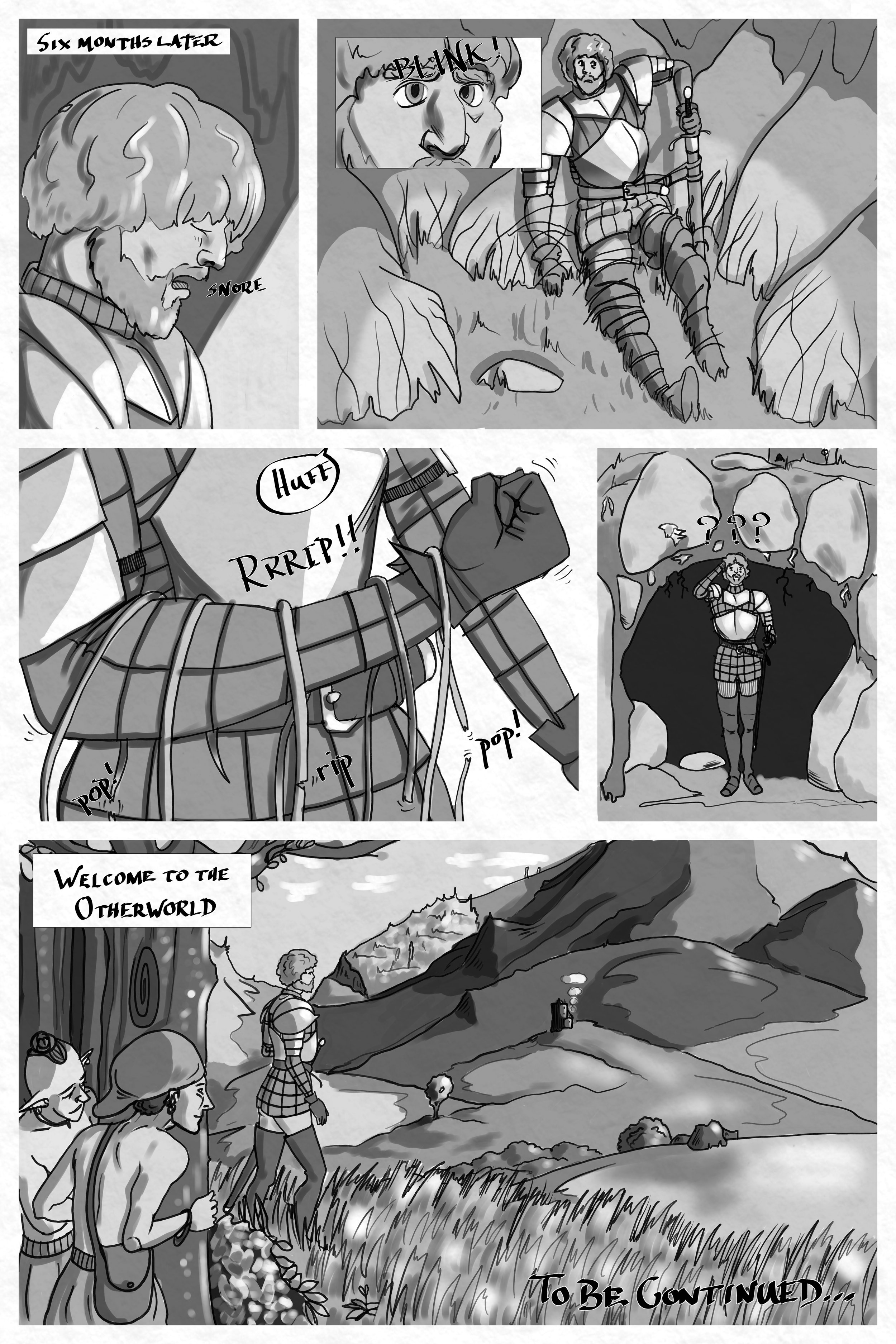 Page six of the prologue to Errant: The Knight awakens after six months sleeping in a cave and struggles out of the forest, where hefinds  himself in an unfamiliar, mountains landscape, observed by fey creatures.