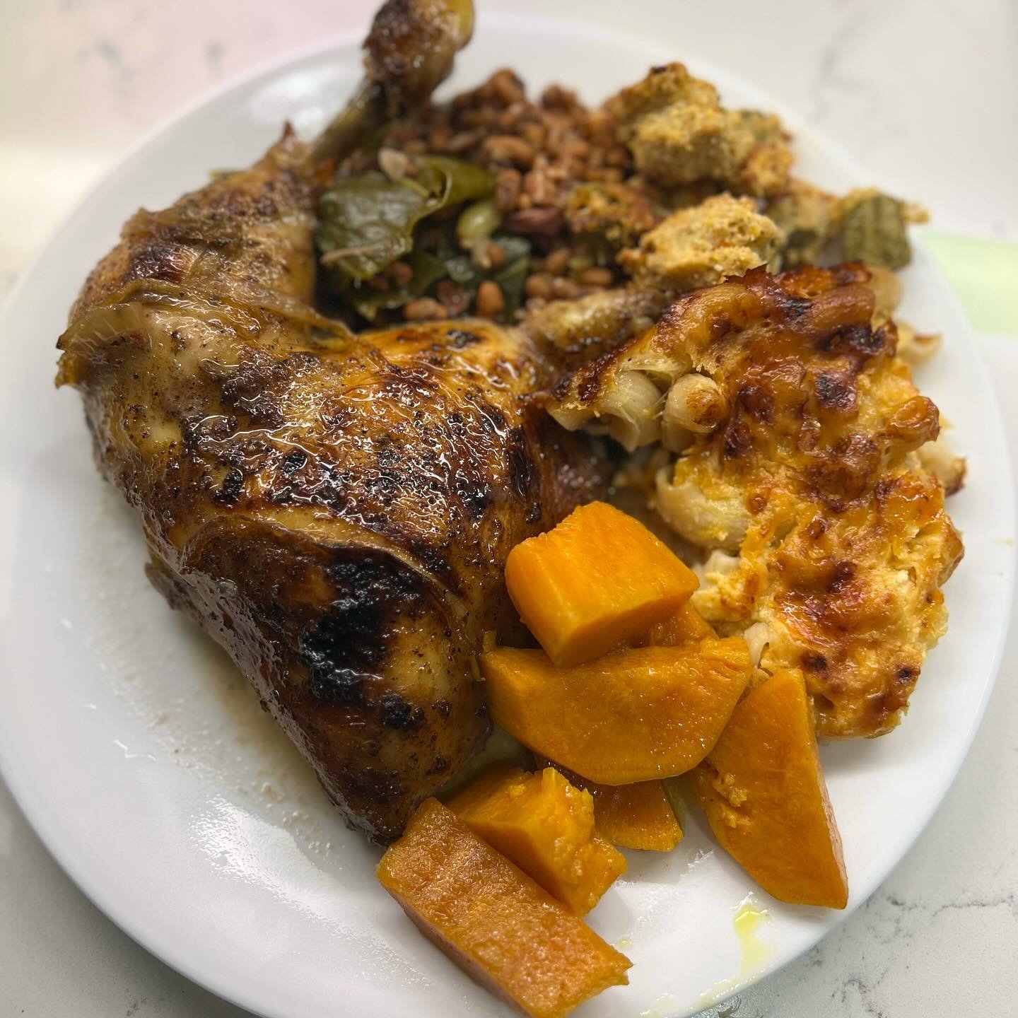Southern Baked Chicken, Mac n Cheese, Candied Yams, Baked Okra, Field Peas &amp; Collards, Cafeteria-Styled Sweet Yeast Rolls, Strawberry Pretzel Delight, &amp; Pig Picking Cake. All homemade. Always with love! 🫶🏻 #grupacooks #southern #southinyour