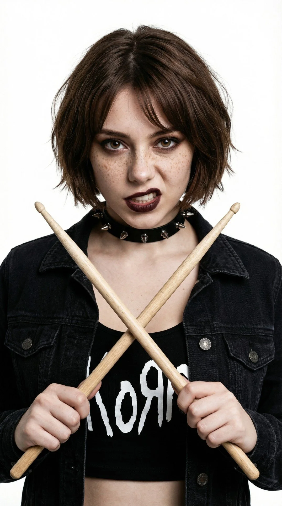 Olivia Ward, Pink Paradox loud metalcore band drummer, with her brown bob haircut, making a fierce expression, wearing dark lipstick, a black choker with spikes, a black graphic t-shirt, and a black denim jacket, holding crossed drumsticks.