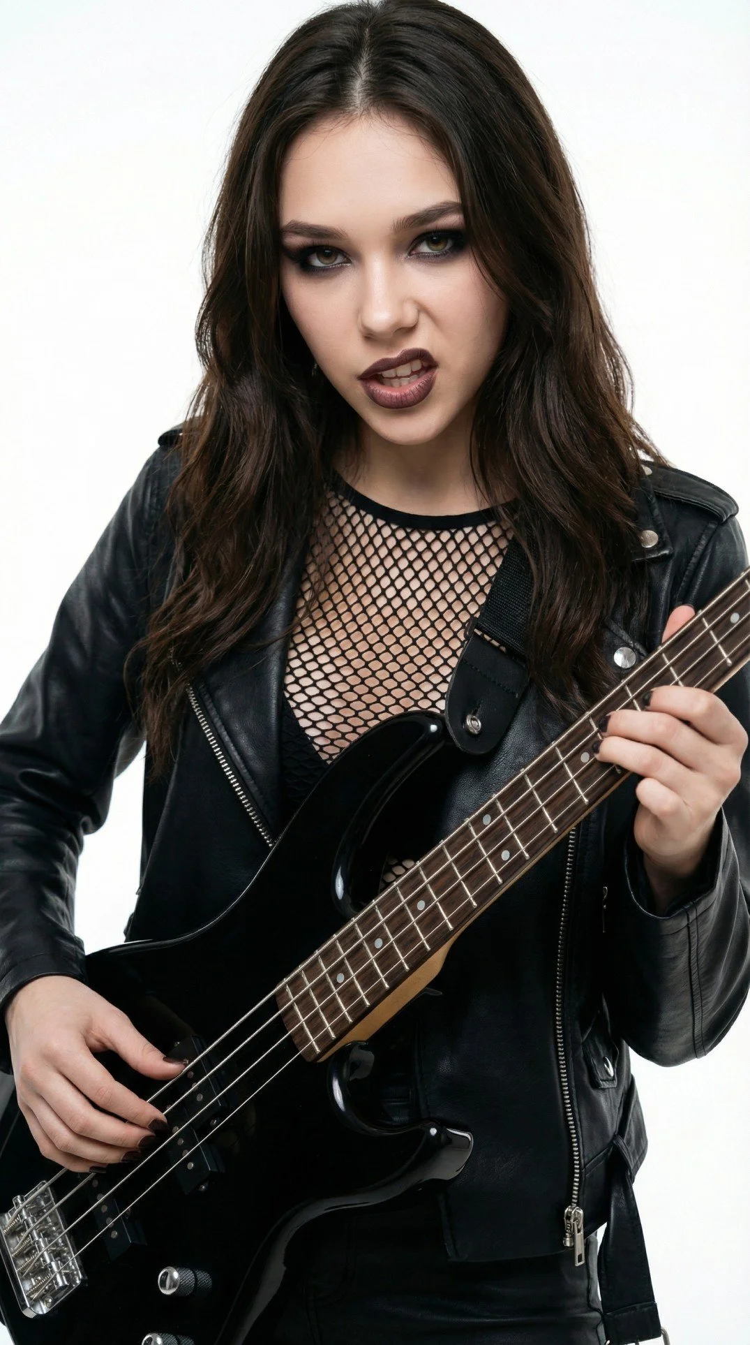 Alessia Nakamura, Pink Paradox nu metal band heavy bassist, with her long dark hair, wearing a black leather jacket and fishnet top, holding a black electric bass guitar.