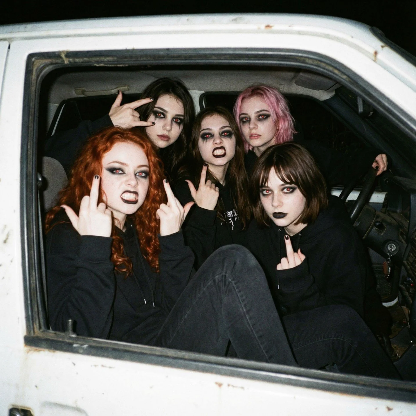 Pink Paradox all female metal band posing together angry, with dark goth make-up, inside an old white car, at night.