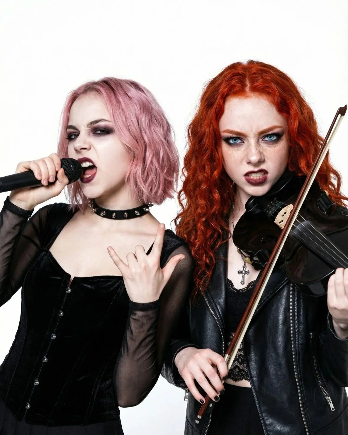 Pink Paradox all female metal band lead singer Rosa Thorn and violinist Clara Meier posing together on a white background.