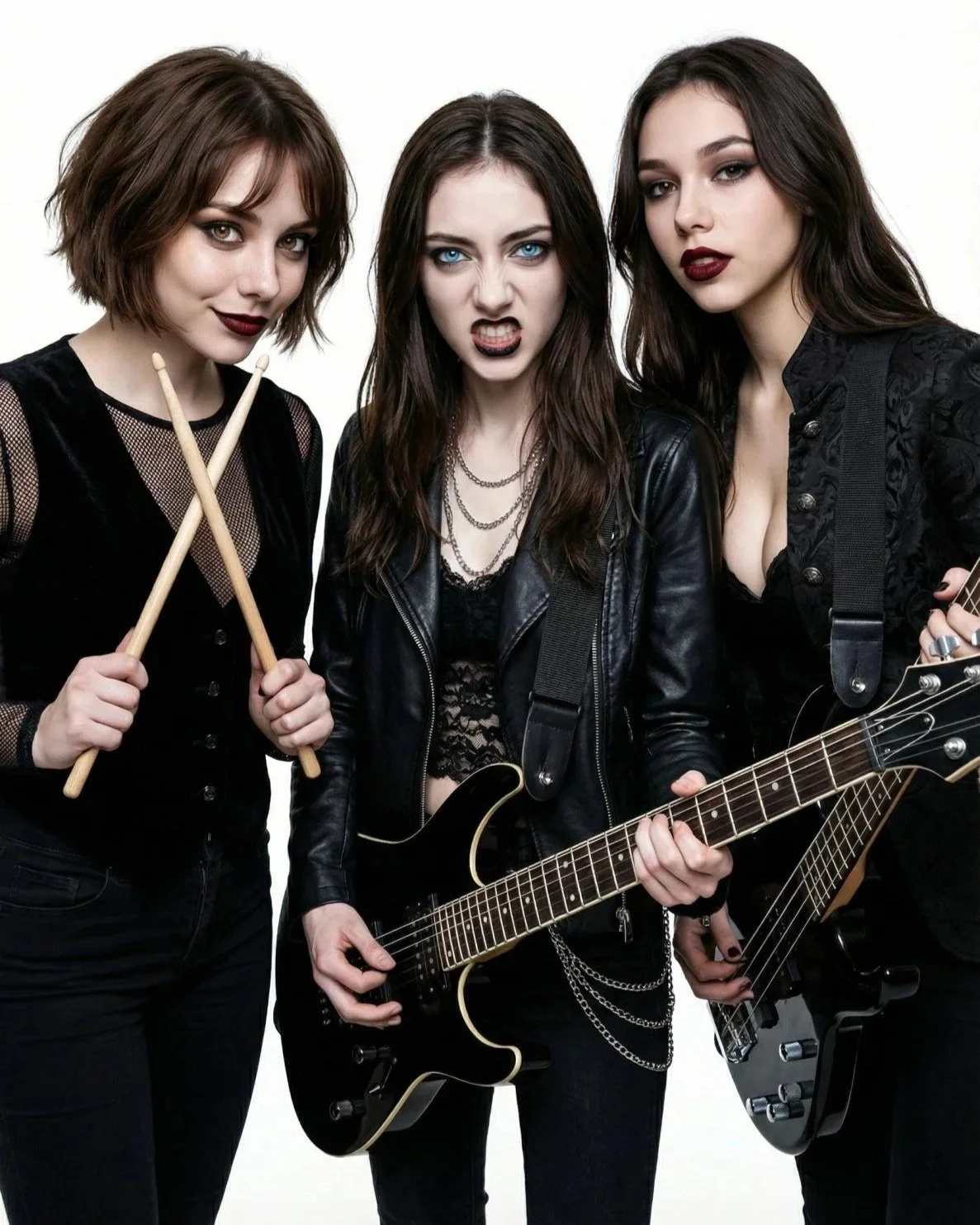 Pink Paradox all female metal band drummer Olivia Ward, guitarist Lisa Renard, and bassist Alessia Nakamura posing together on a white background.