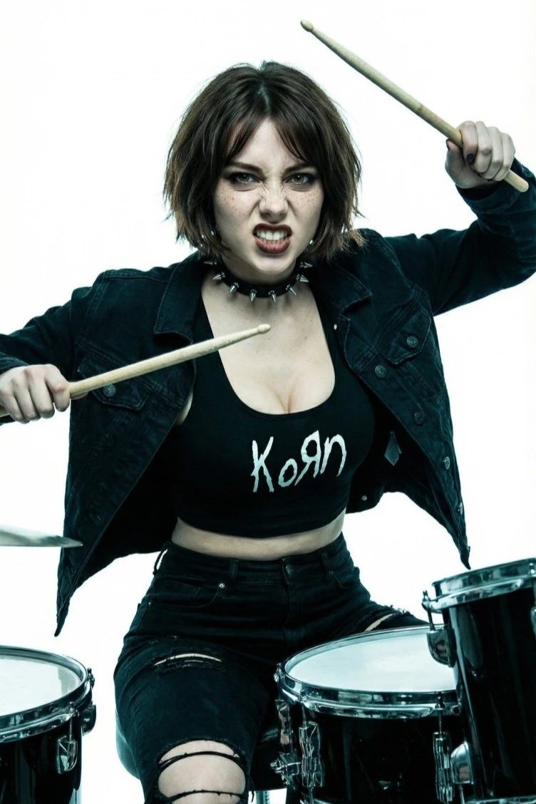 Olivia Ward, Pink Paradox female metal band loud drummer, with short brown hair playing drums.