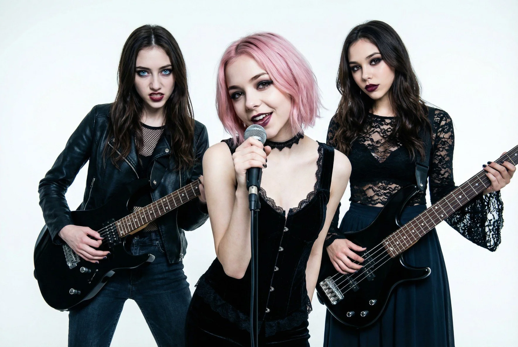 Pink Paradox all female metal band lead singer Rosa Thorn, guitarist Lisa Renard and bassist Alessia Nakamura posing together on a white background.