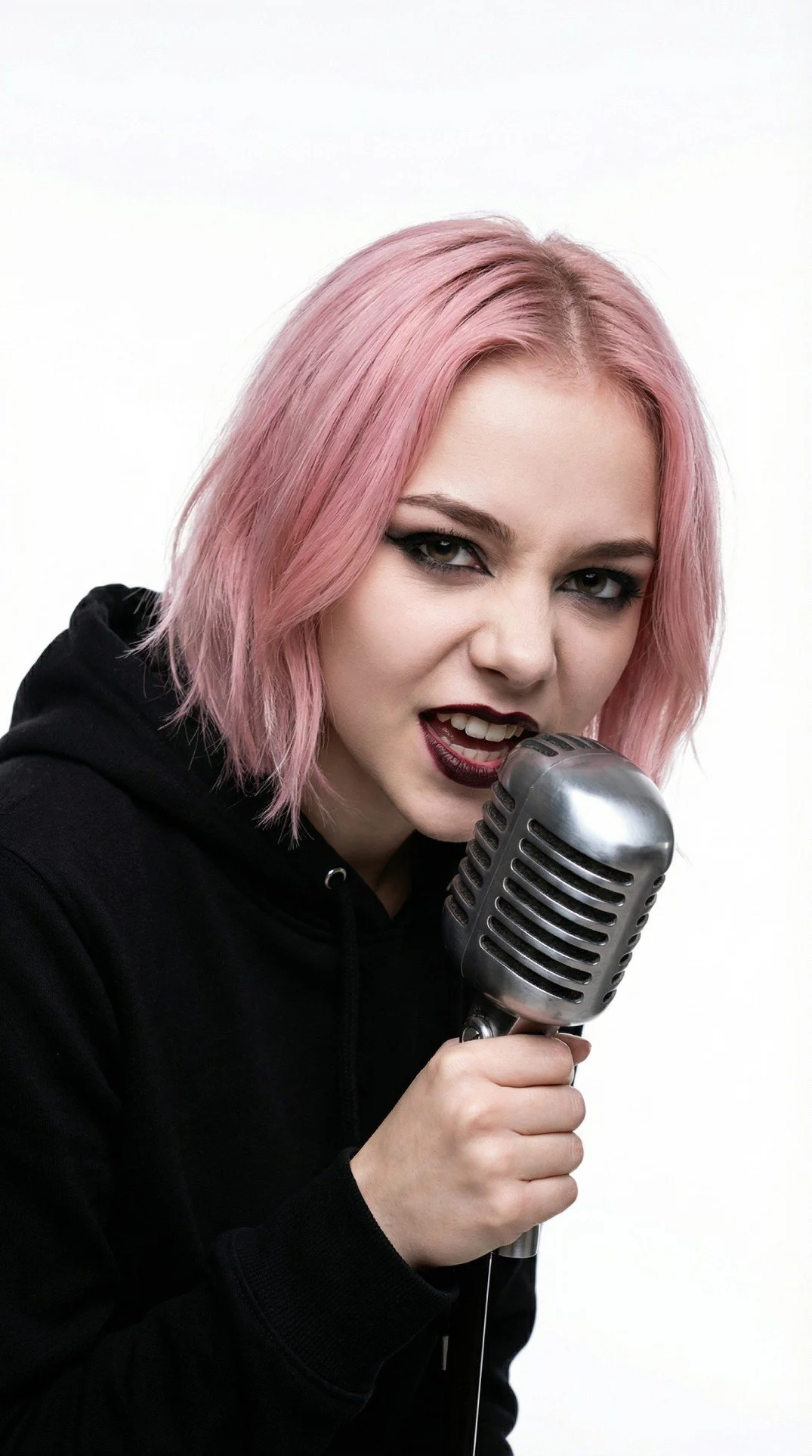 Rosa Thorn, Pink Paradox metal band lead singer, with her pink hair singing into a vintage microphone, wearing a black hoodie, with makeup and dark lipstick.