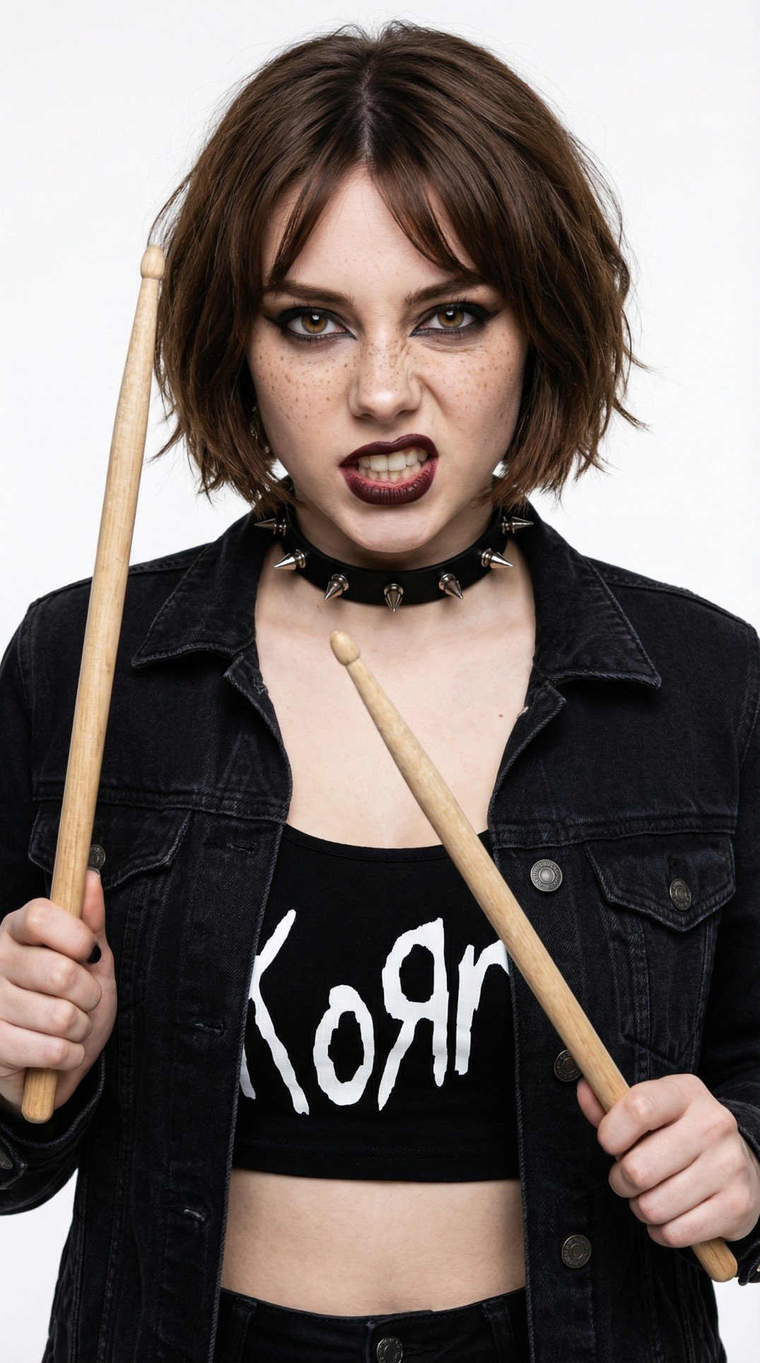 Olivia Ward, Pink Paradox loud metalcore band drummer, with her brown bob haircut, wearing a black spiked choker, black makeup, and a black crop top with white text, holding drumsticks and making an aggressive facial expression.