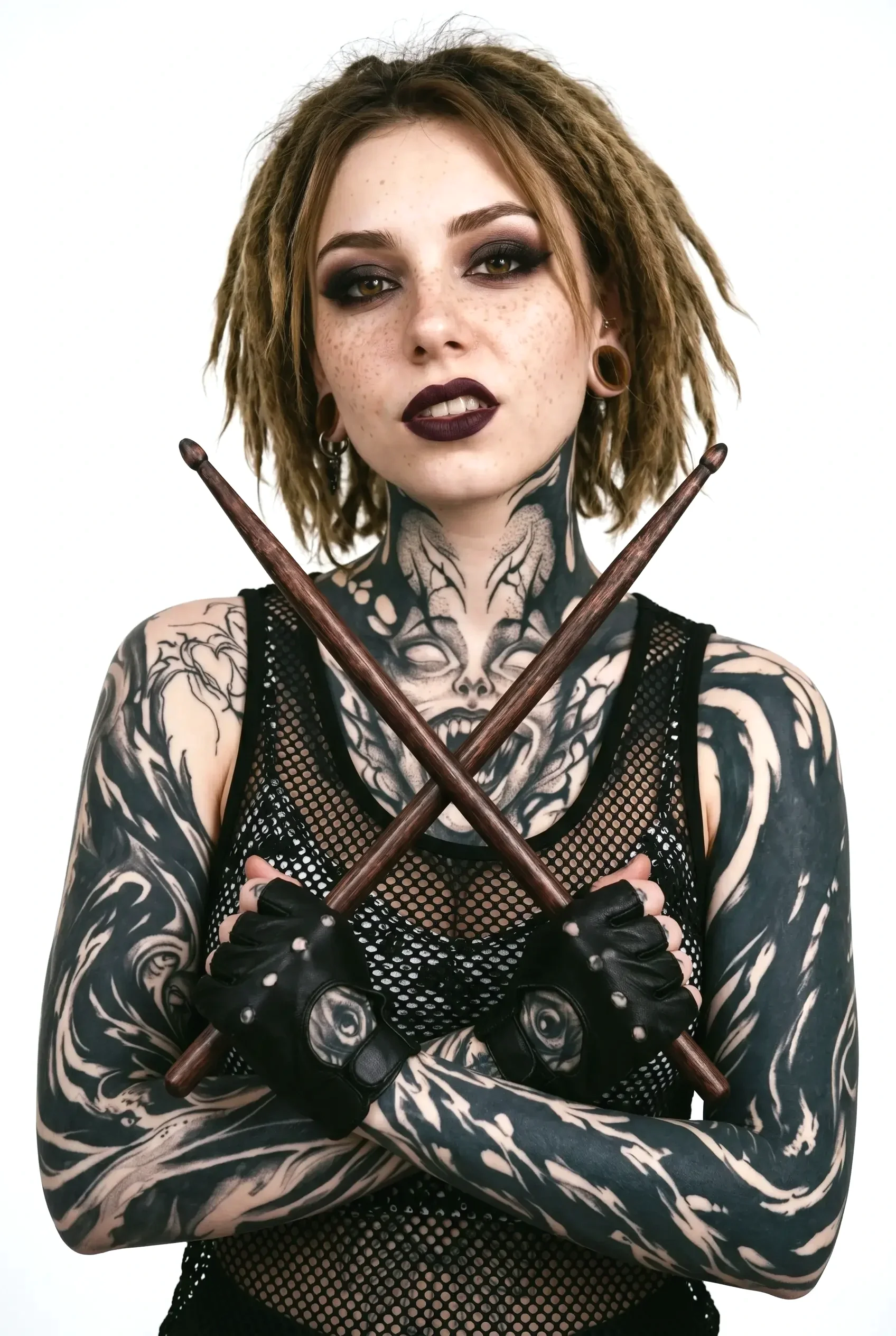 Olivia Ward, drummer of female metal band Pink Paradox, with tattoos, dark makeup, and piercings holds her two drumsticks crossed in front of her, wearing black fishnet clothing and gloves, with a white background.